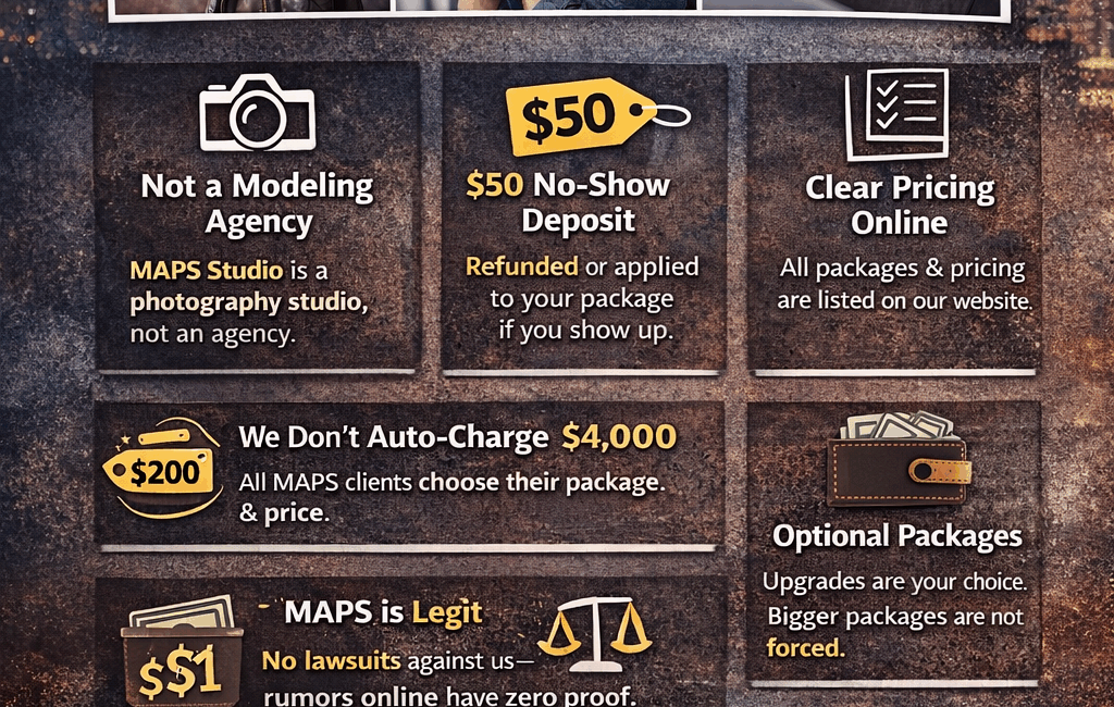 MAPS Studio not a scam infographic with $50 refundable deposit policy, clear online pricing, and optional packages.